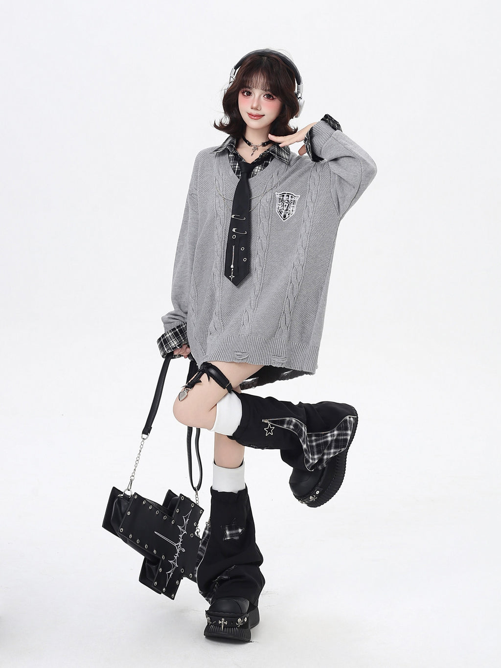 Art Student Vintage American Fake Two-Piece Plaid Oversized Casual Sweater – Fall Winter College