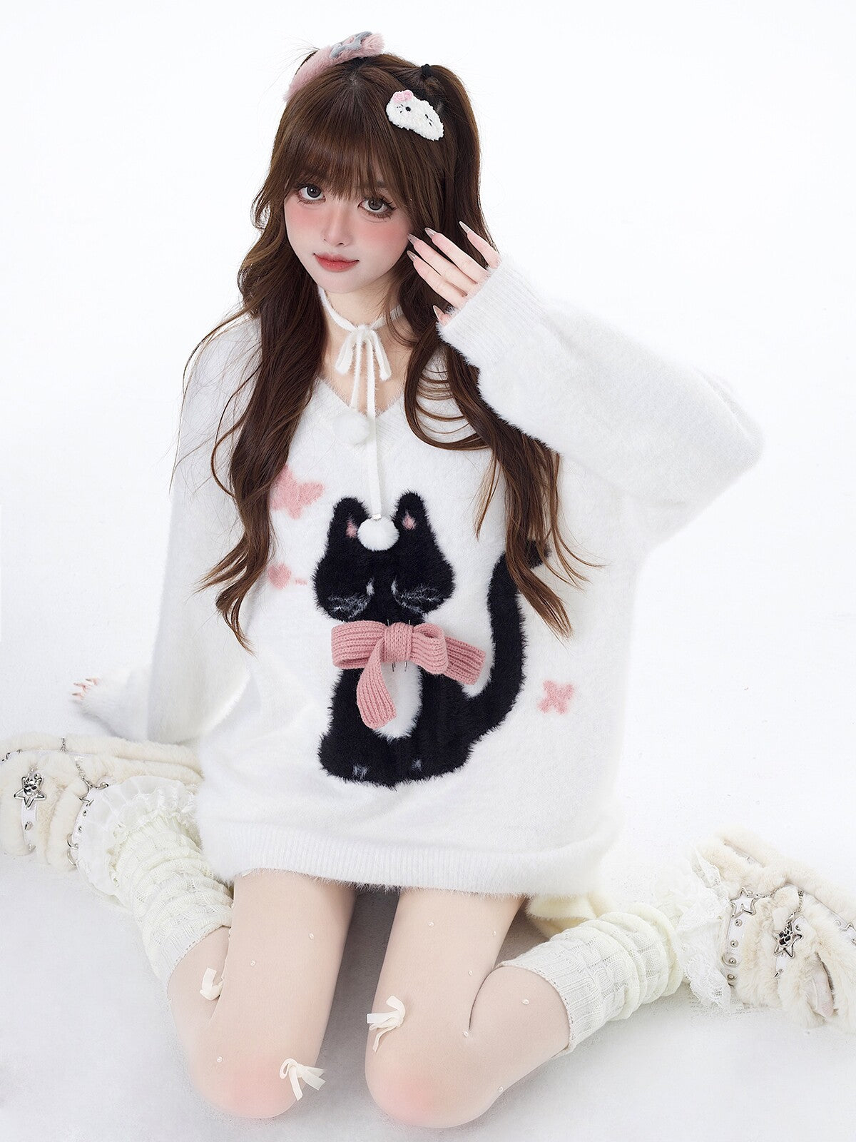 Lazy Little Cat Original Ribbon Soft Cozy Oversized Inner Sweater – Fall Winter New Year Red