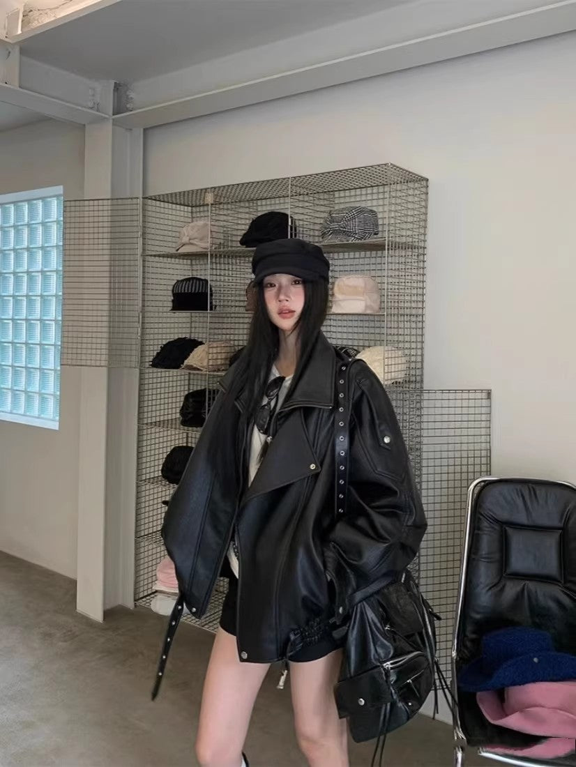 Black PU Leather Moto Jacket- Cool Streetwear Biker Coat Spring Autumn- S-L