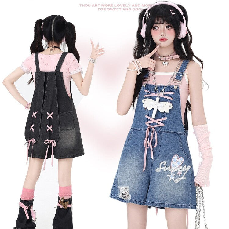 CrazyGirl Clii Rabbit Original Sweet Bunny Ear Tie Embroidery Denim Suspender Shorts – Summer