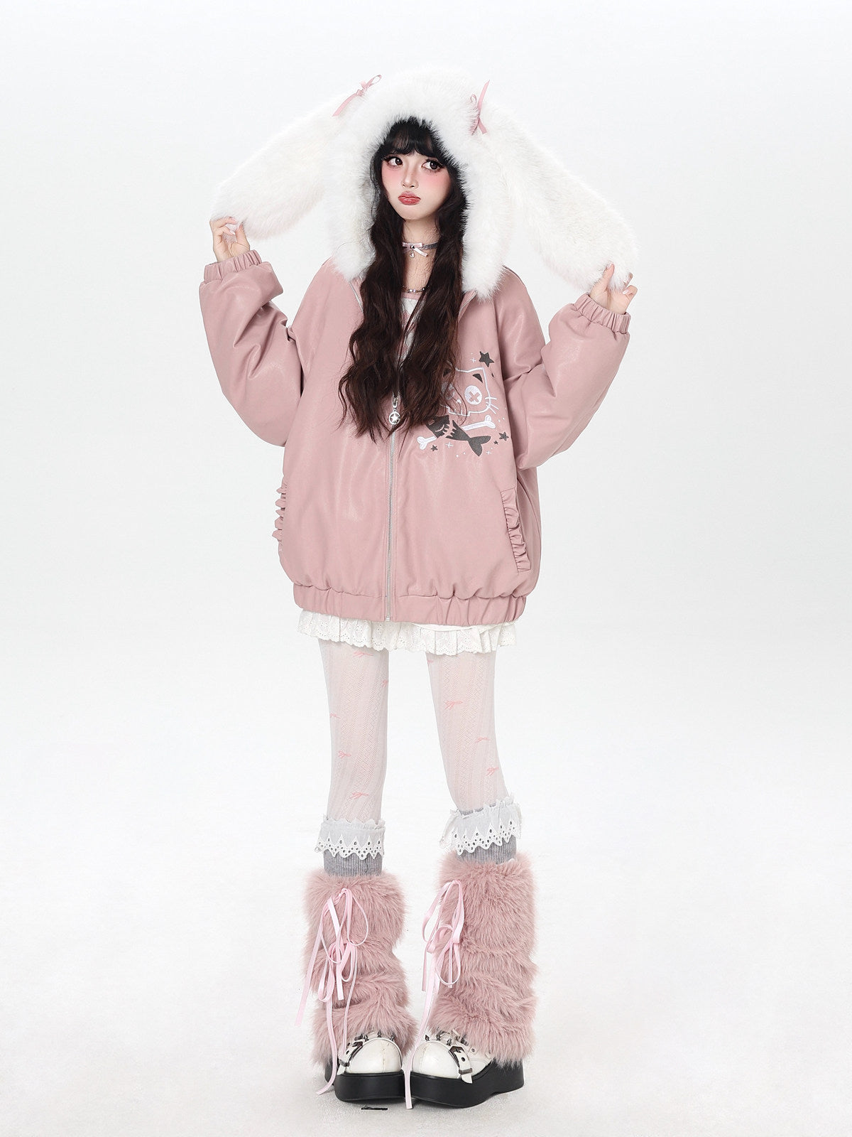 CrazyGirl Snow Girl Original Bunny Ear Hood Leather Jacket – Winter Versatile Cotton Lined Jacket