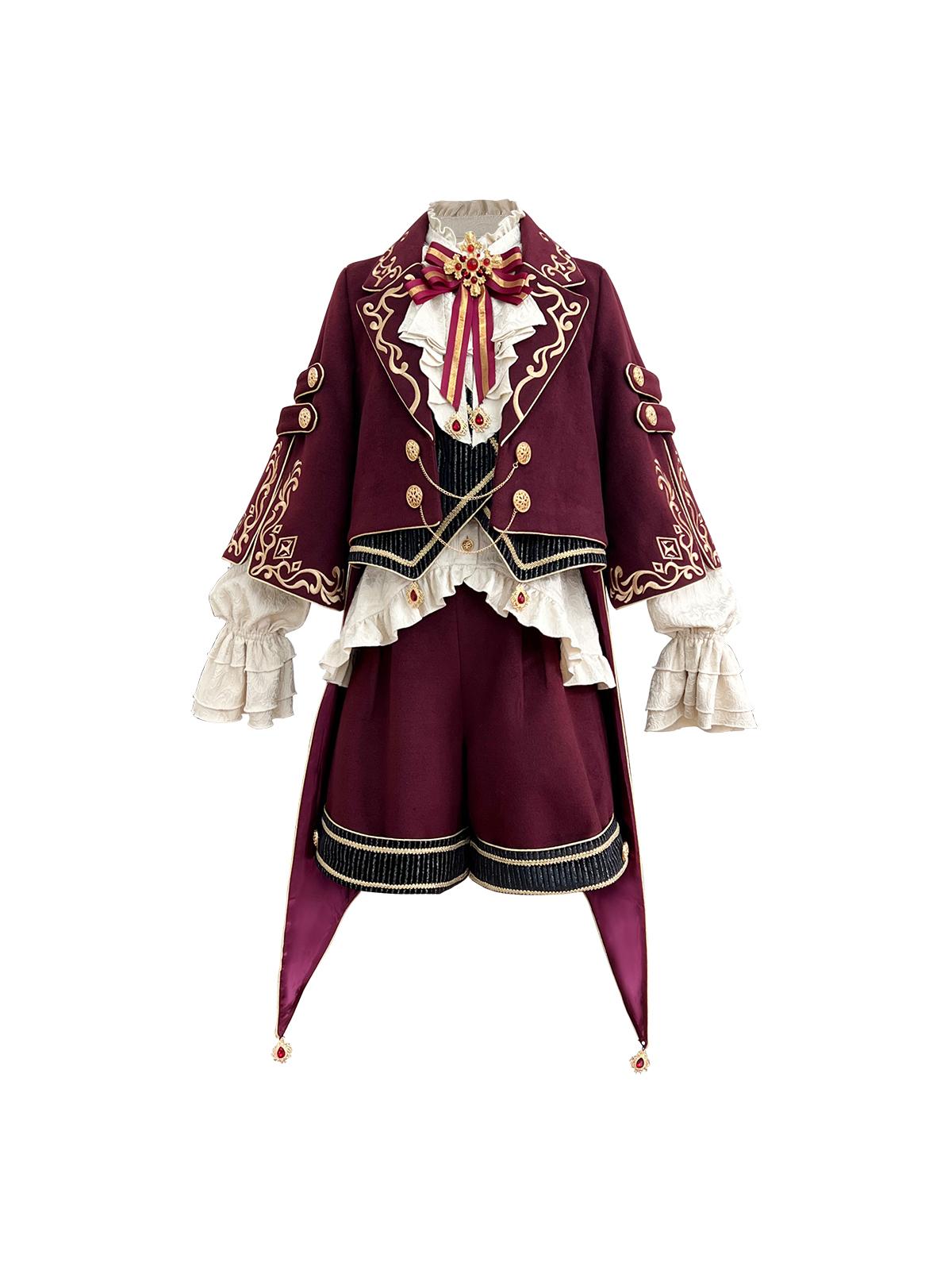 Prince Ouji Lolita Set- Embroidered Jacket Top Shorts-Burgundy Autumn Winter S-XXL