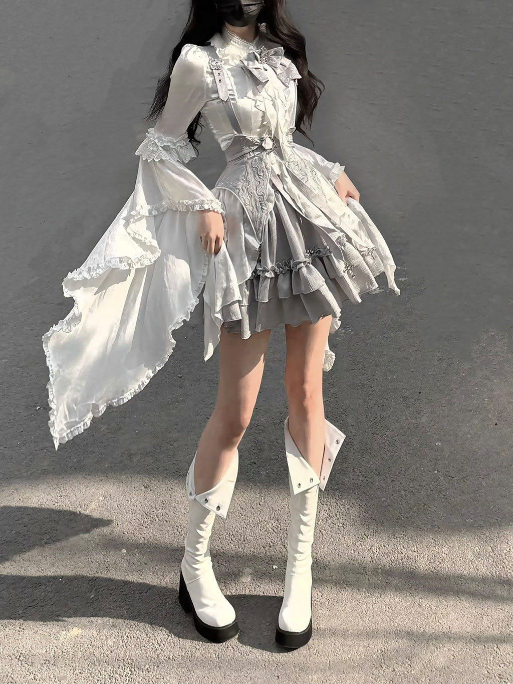 Silver Key Gothic Lolita Set - White Shirt Waist Belt Skirt - S-2XL