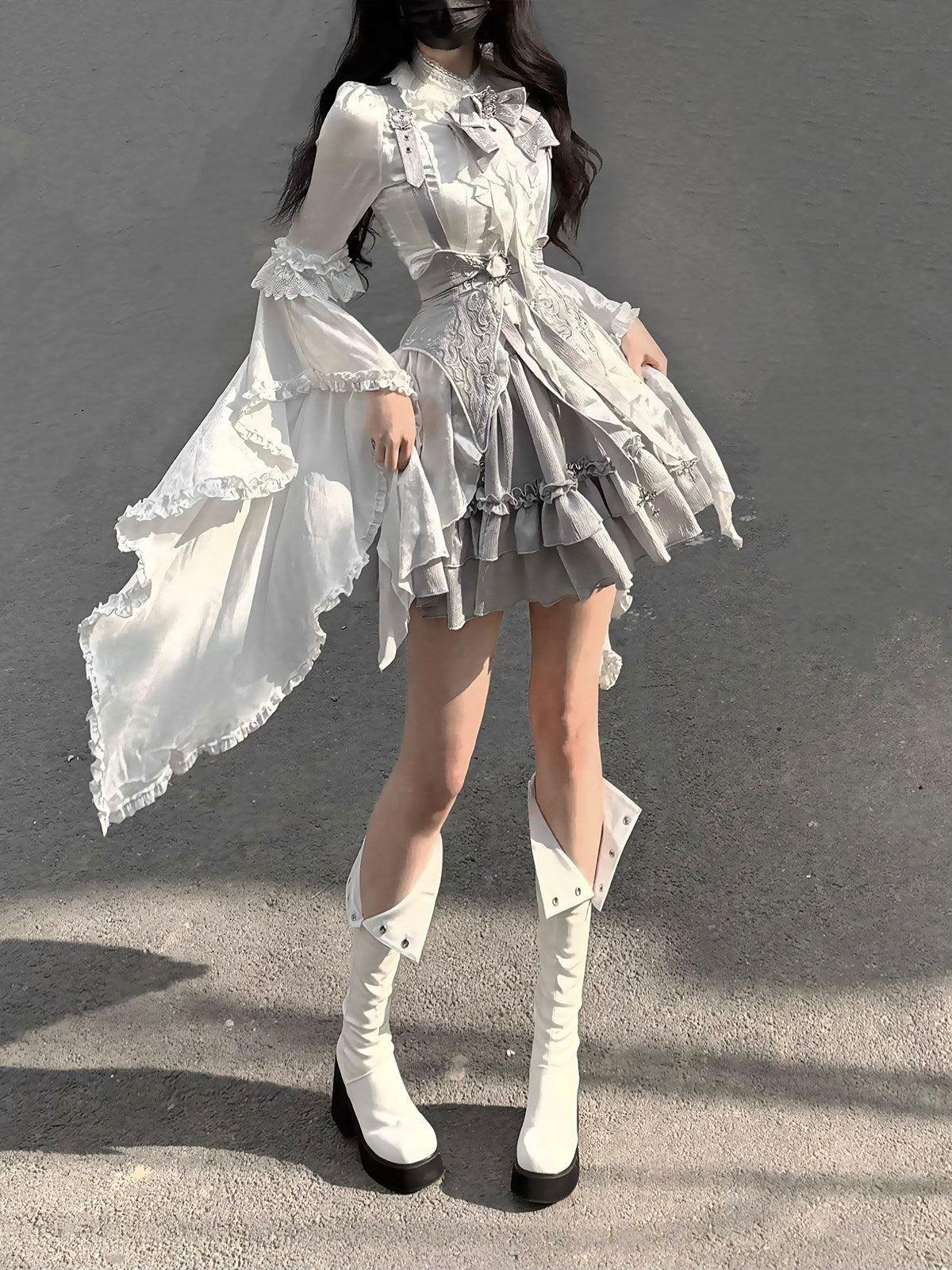 Silver Key Gothic Lolita Set - White Shirt Waist Belt Skirt - S-2XL