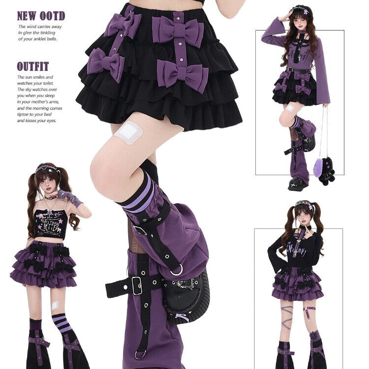 Gujao Naina Original Sweet Spicy Light Night Black Purple Ribbon Puffy Cake Skirt – Summer Girl