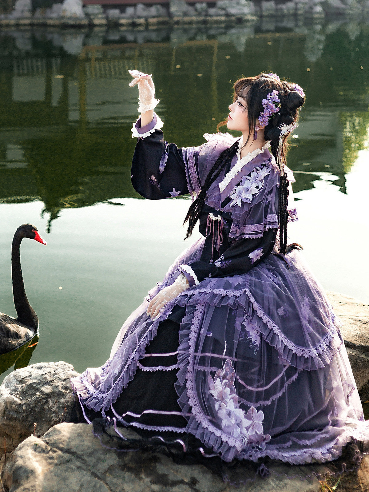 Purple Lily Chinese Lolita Set- Gauze Hanfu Jacket Cross Collar Dress Skirt - S-XL