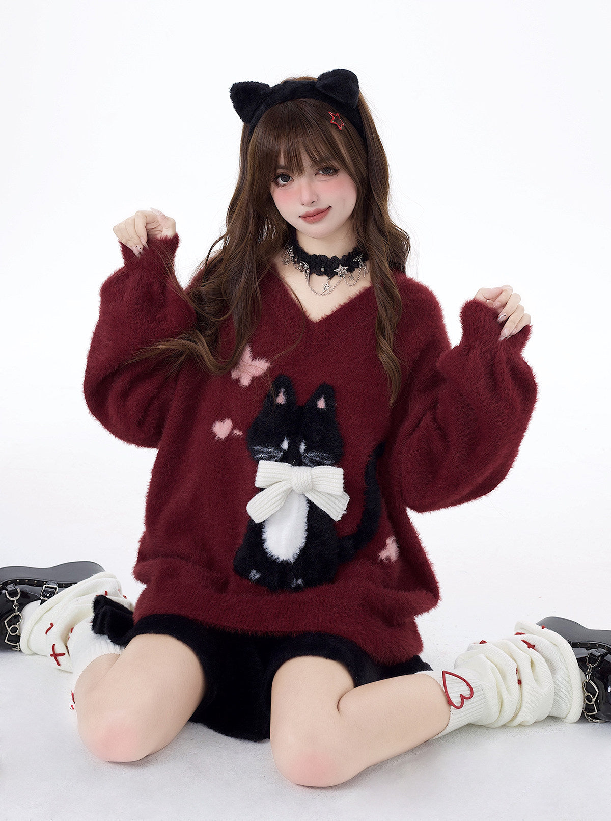 Lazy Little Cat Original Ribbon Soft Cozy Oversized Inner Sweater – Fall Winter New Year Red