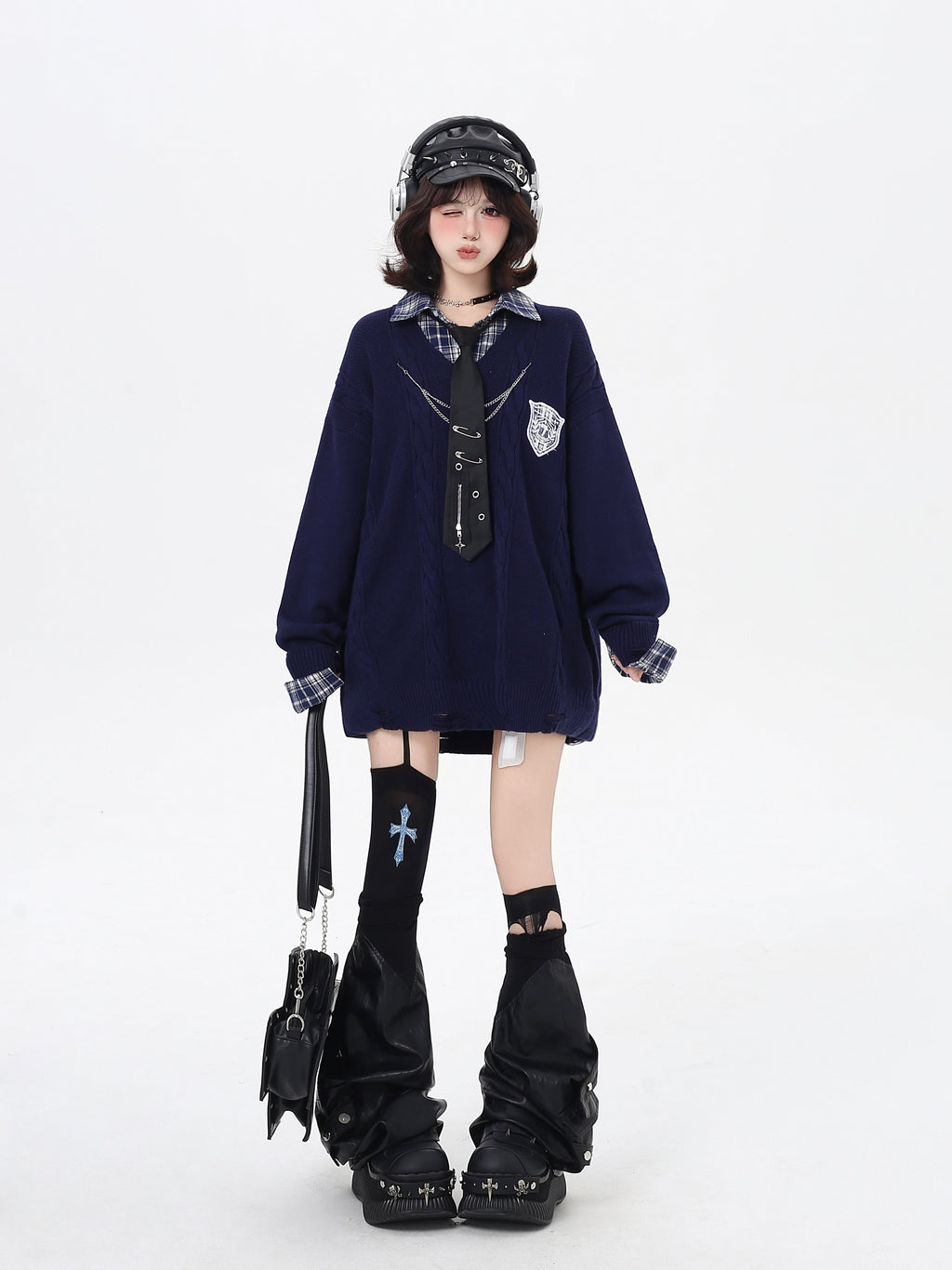 Art Student Vintage American Fake Two-Piece Plaid Oversized Casual Sweater – Fall Winter College