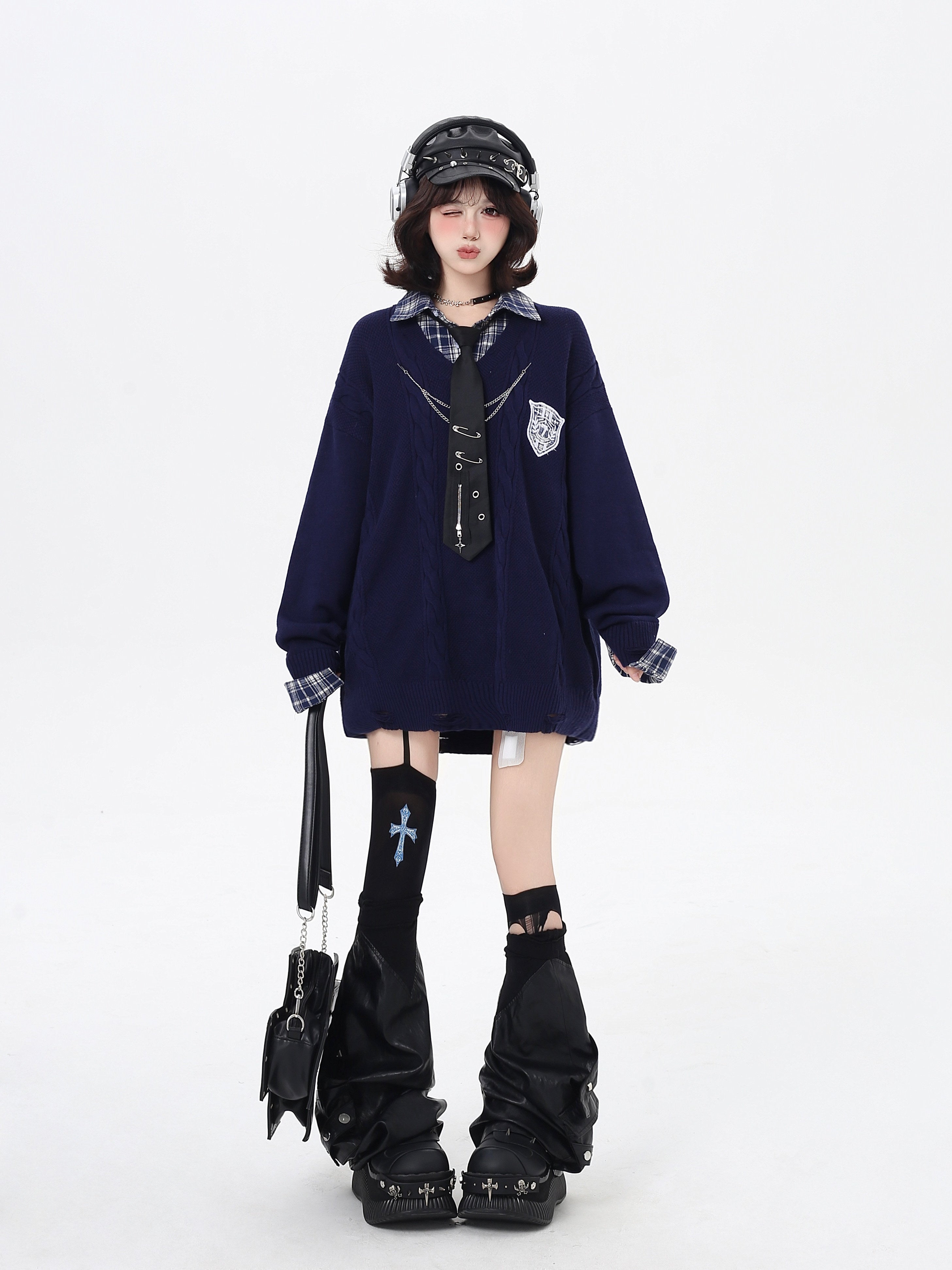 Art Student Vintage American Fake Two-Piece Plaid Oversized Casual Sweater – Fall Winter College
