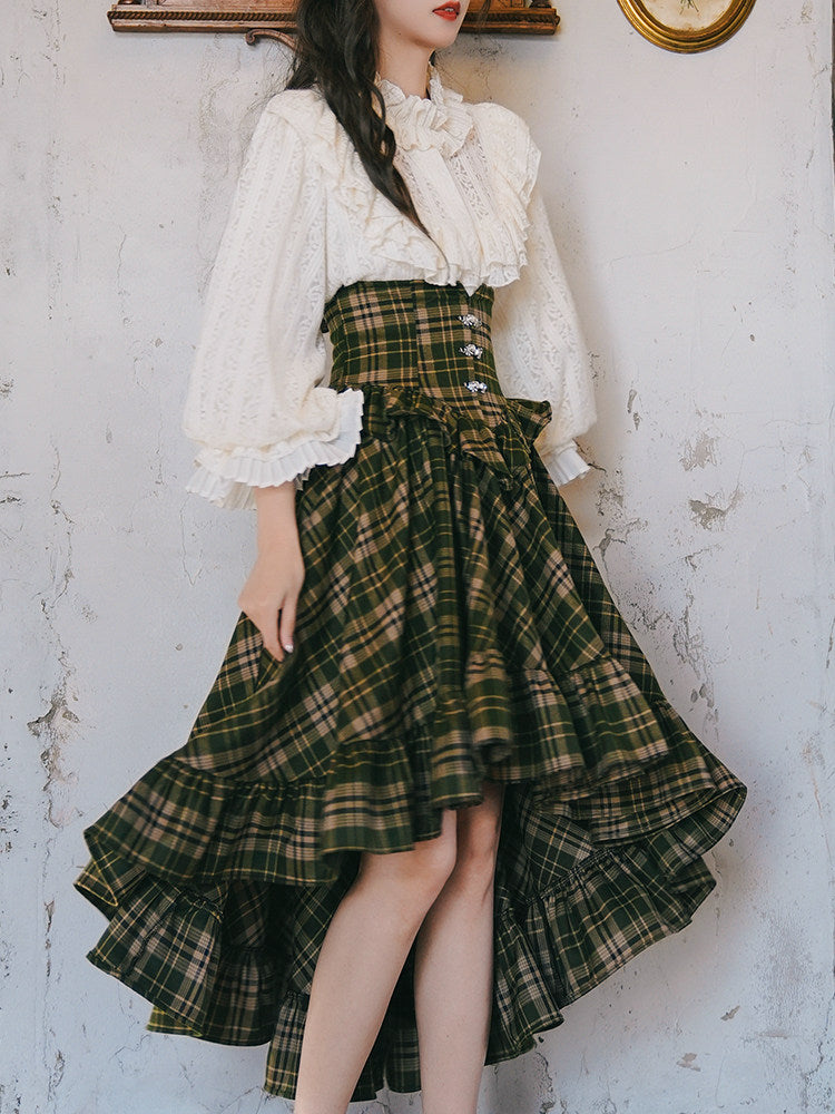 MiAi Original Moon Shadow Ode Victorian Dark Green Plaid Lolita Skirt | Rose Clasp Ruffle Long | S-L