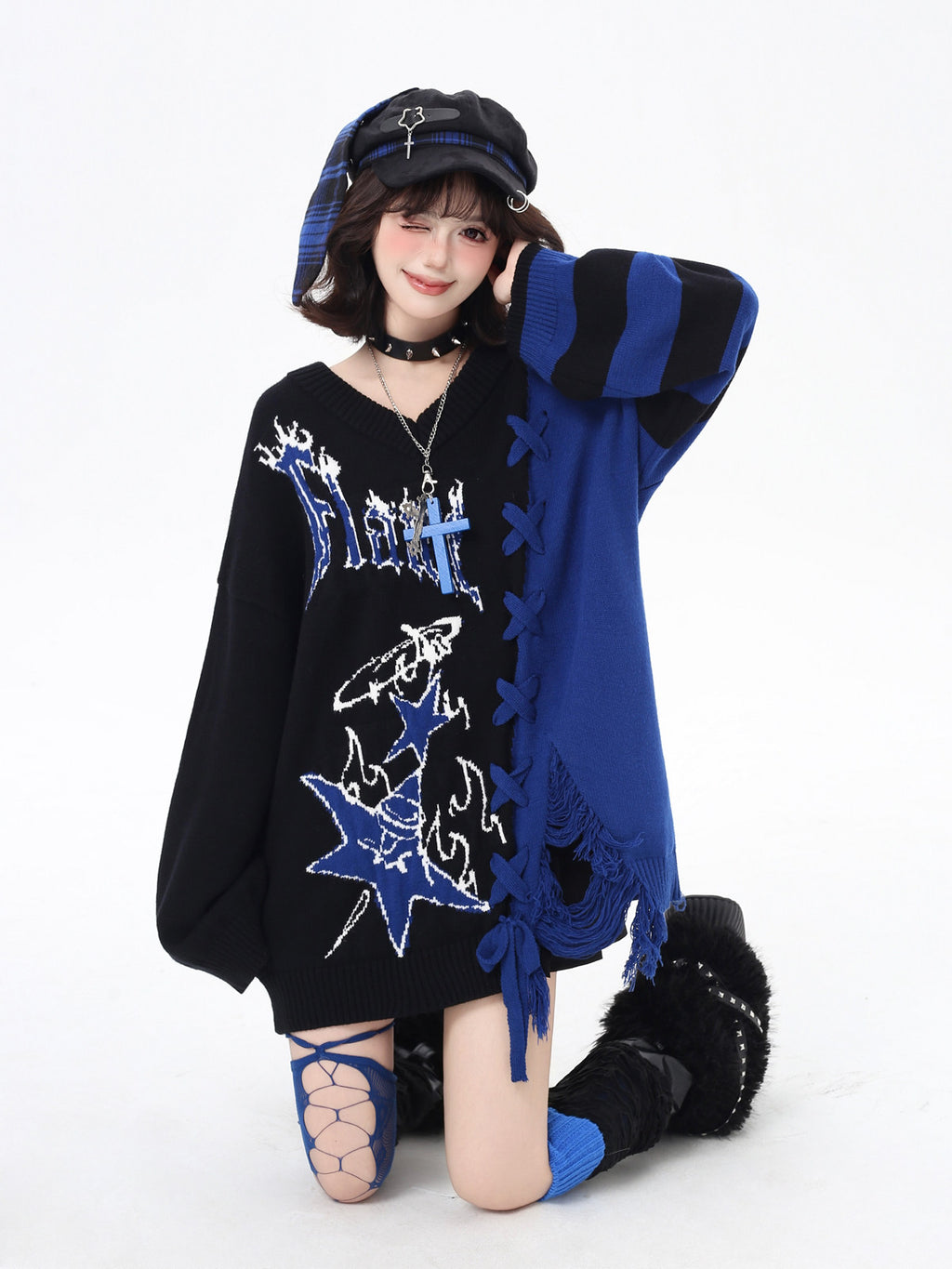 Original V-Neck Color Block Sweet Cool Oversized Sweater – Fall Winter