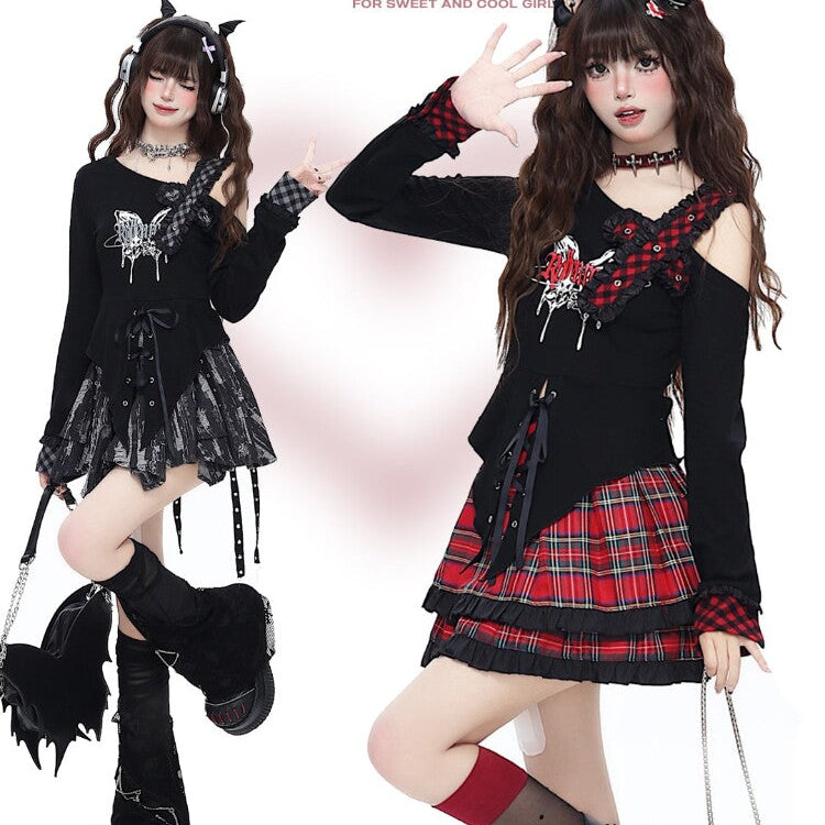 Showa Night Sweet Spicy Irregular Long Sleeve Slim Crop Top – Original Subculture Design