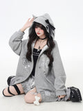 Ou01 _ Cat Ear Drawstring Hoodie Zip Jacket – Oversized Fall Sweatshirt | pynkpig