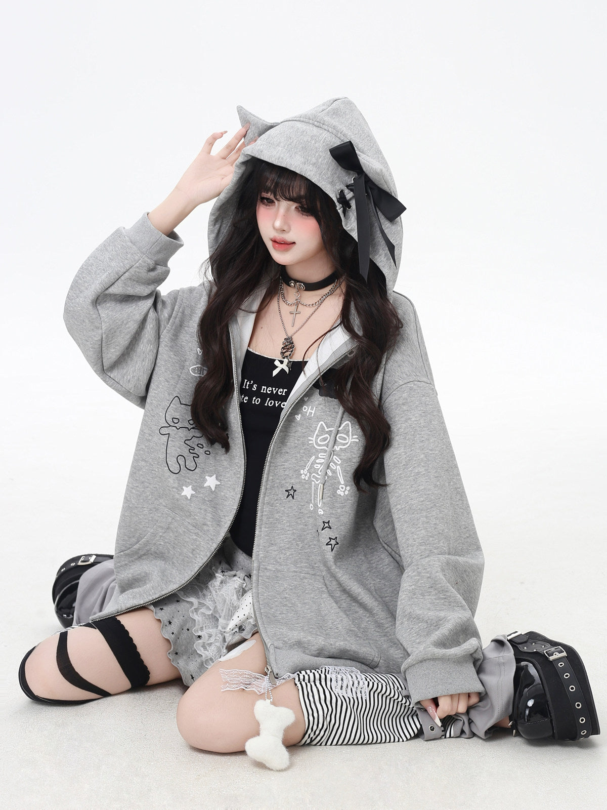 Crazy Girl Cute Cat Ear Drawstring Hoodie Zip Jacket – Oversized Fall Sweatshirt
