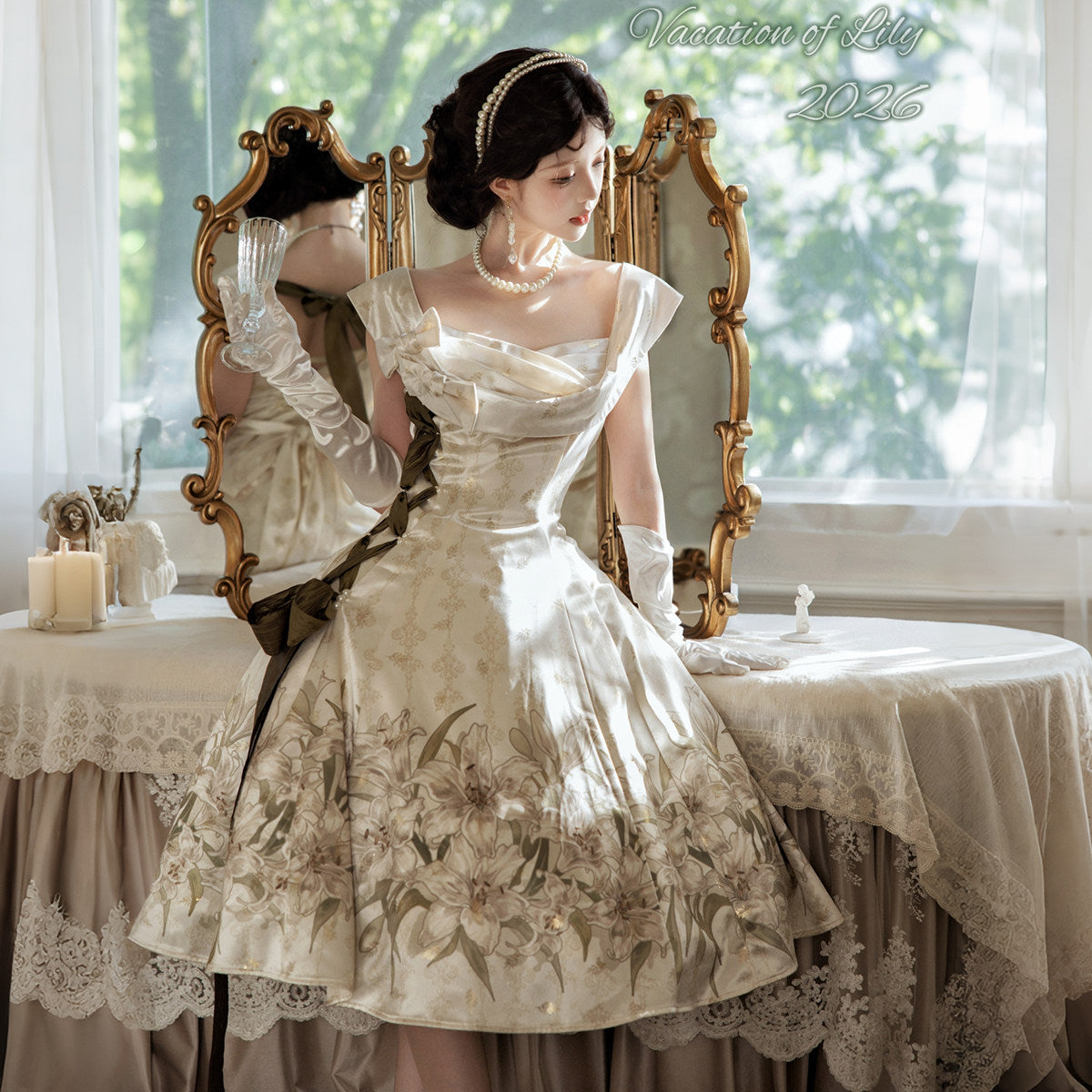 Vacation of Lily Classic Lolita Satin JSK Dress- Ivory Lily Print Elegant- S-2XL