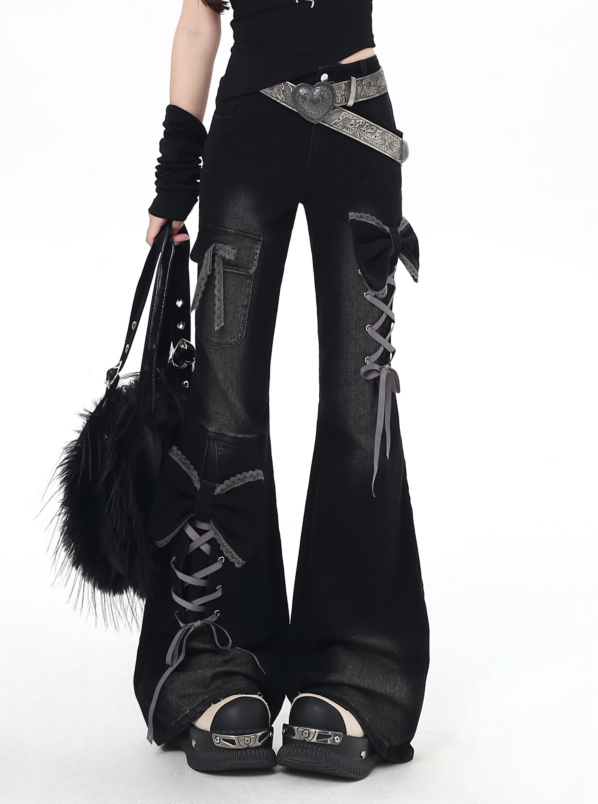 Original 3D Ribbon Y2K High Waist Slim Flare Jeans – Sexy Girl Subculture Design