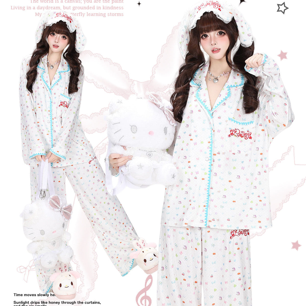 CrazyGirl Sweet Dreamy Colorful Bunny Print Soft Oversized Lounge Pajama Set – Spring & Fall Long Sleeve