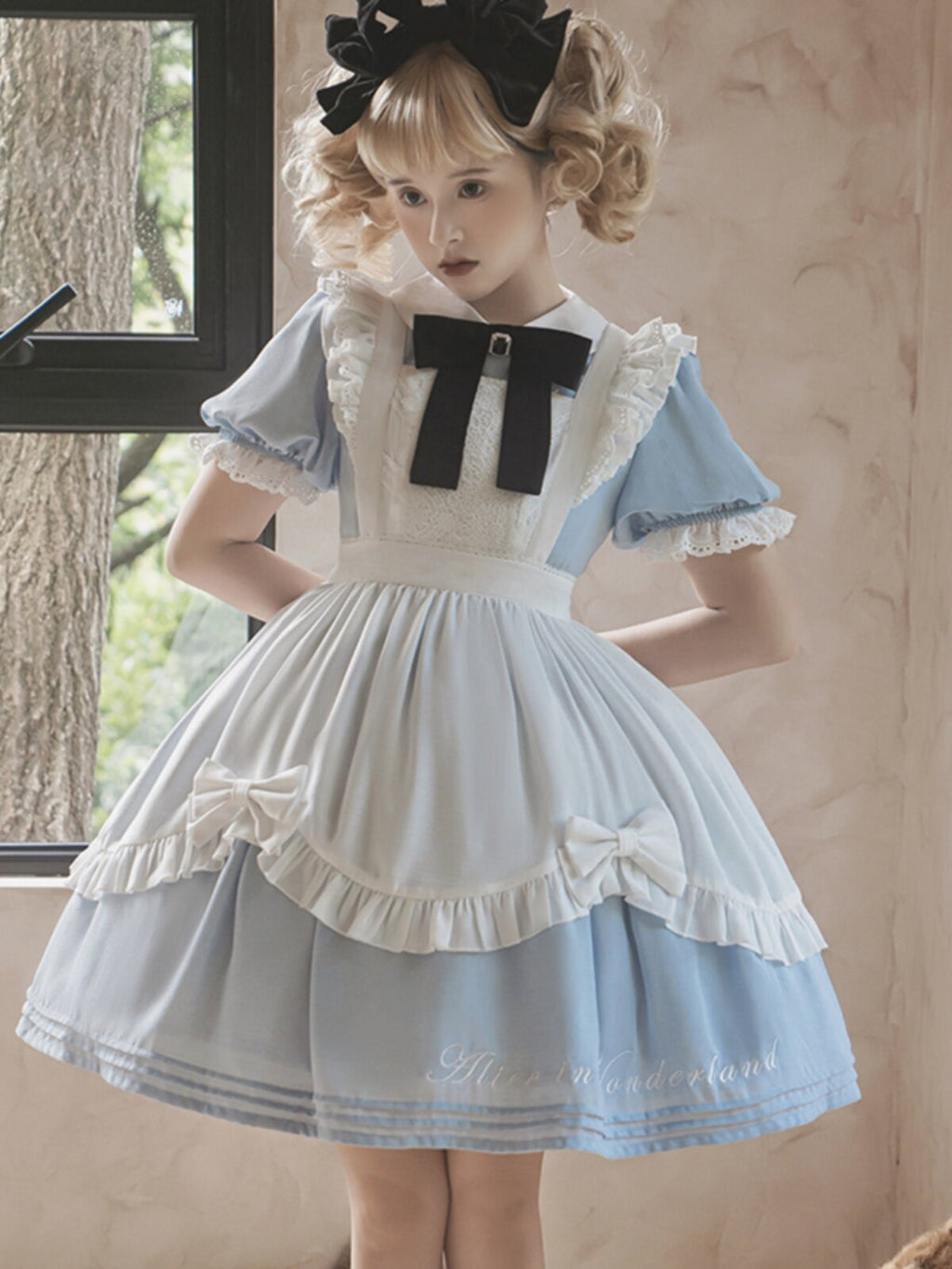 Alice in Wonderland Sweet Lolita OP Dress - Blue Short Sleeve with Apron- S-XXL