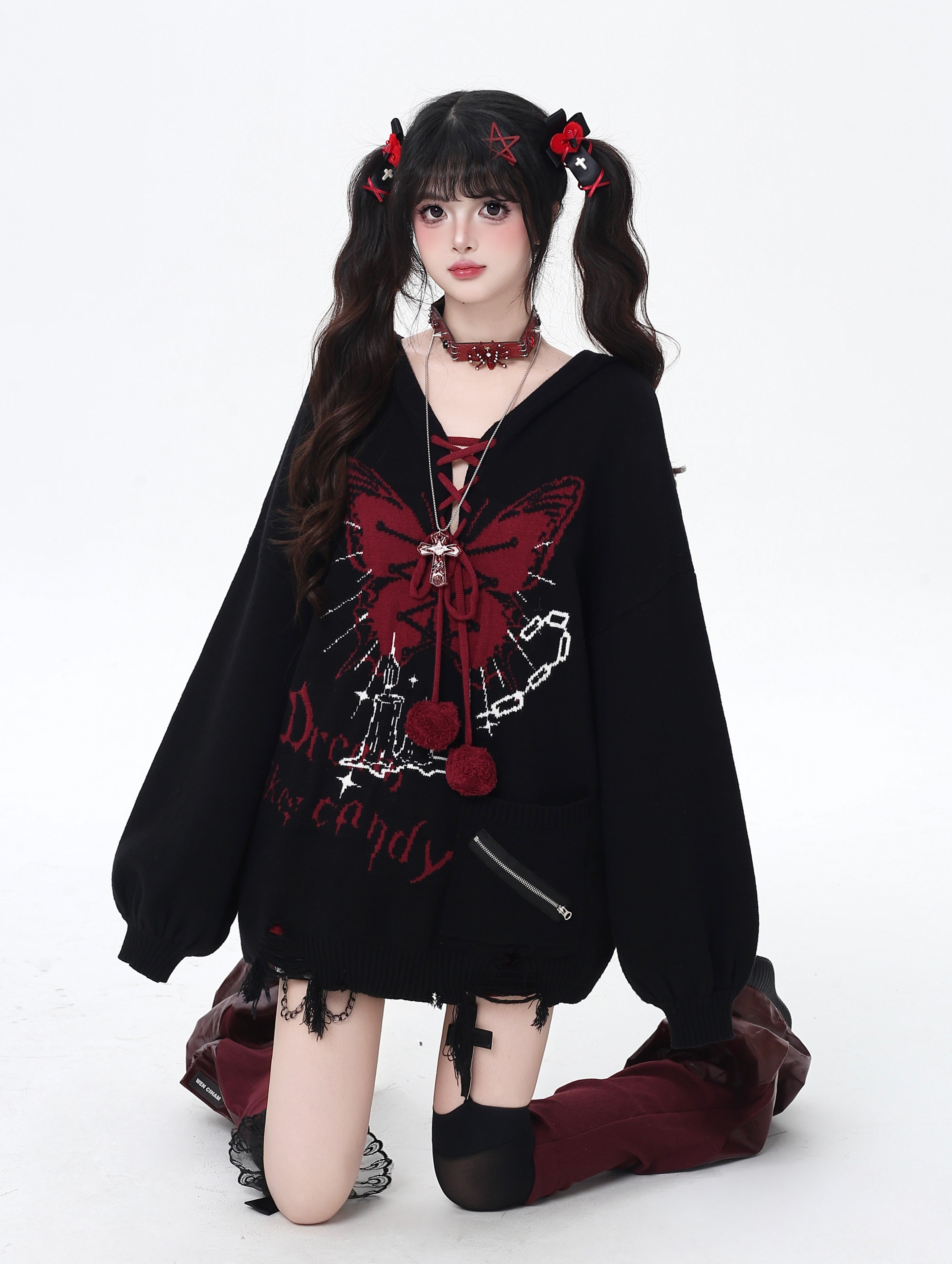 Crazy Girl Butterfly Shackles Original V-Neck Hood Oversized Lantern Sleeve Sweater – Fall & Winter