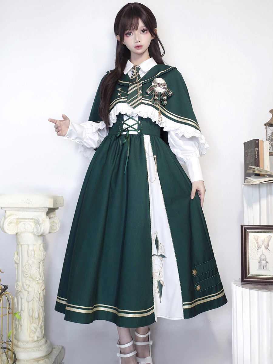 Time Traveler Lolita 4-Piece Set - Suspender Dress Shirt Cape Tie - Dark Green Autumn Winter S-XXL