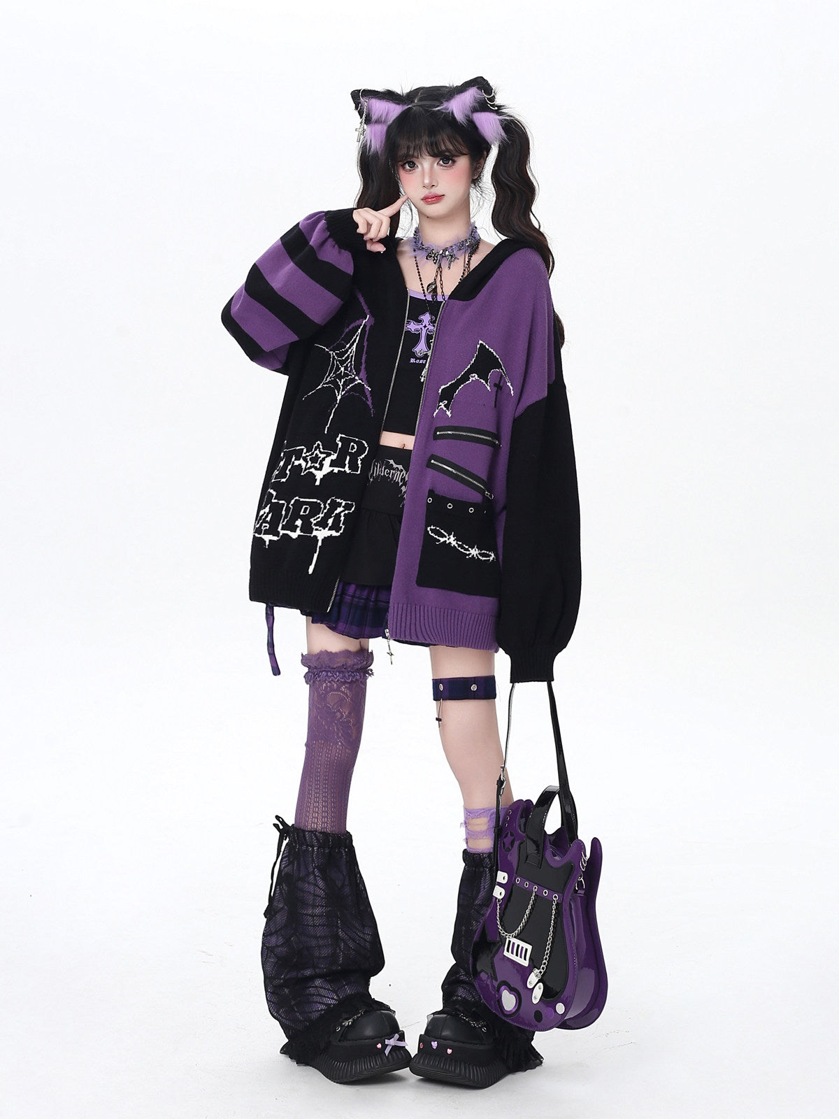 Night Worker Original Gothic Color Block Oversized Knit Cardigan Sweater