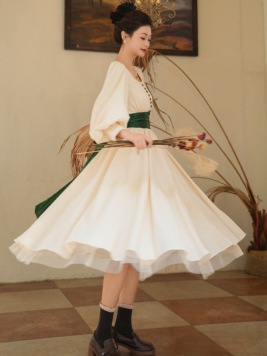 Laurel Ball French Vintage Jacquard Dress - Apricot Ivory Big Bow Belt- S-XL