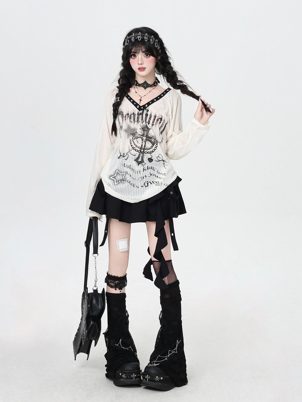 Shibuya Angel Subculture V-Neck Niche Design Oversized Sheer Long Sleeve Top T-Shirt – Spring Fall