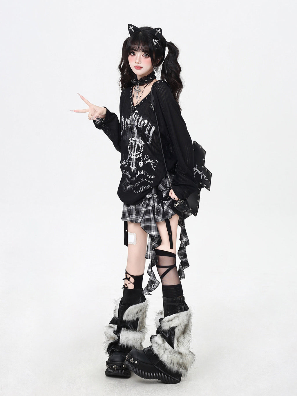 Shibuya Angel Subculture V-Neck Niche Design Oversized Sheer Long Sleeve Top T-Shirt – Spring Fall