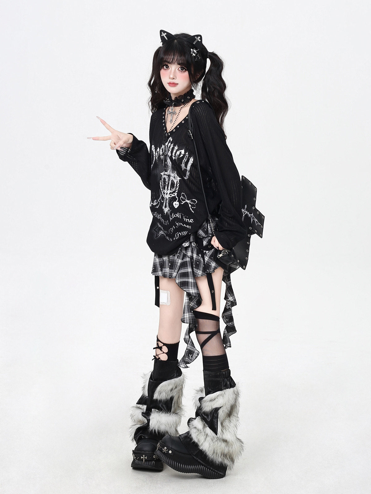 Shibuya Angel Subculture V-Neck Niche Design Oversized Sheer Long Sleeve Top T-Shirt – Spring Fall