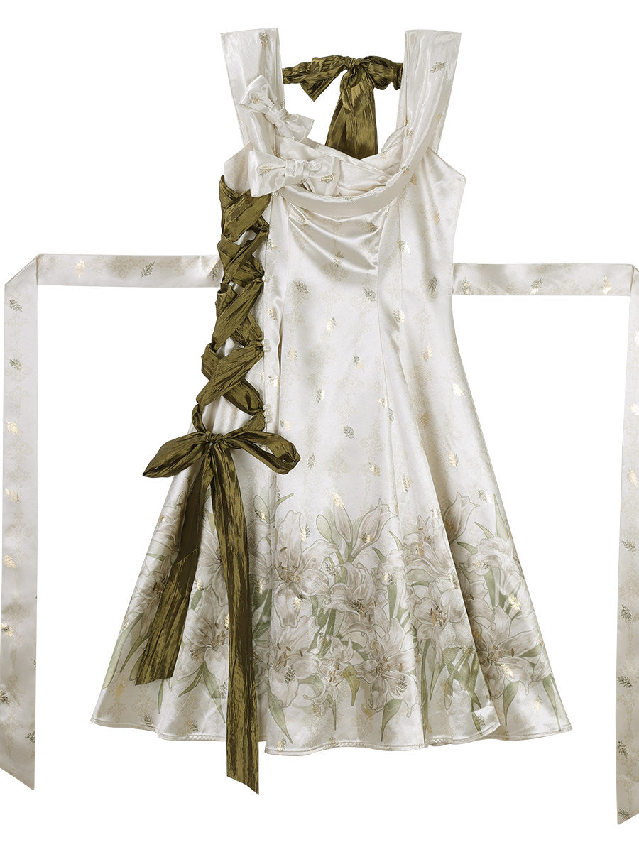 Vacation of Lily Classic Lolita Satin JSK Dress- Ivory Lily Print Elegant- S-2XL