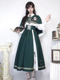 Time Traveler Lolita 4-Piece Set - Suspender Dress Shirt Cape Tie - Dark Green Autumn Winter S-XXL