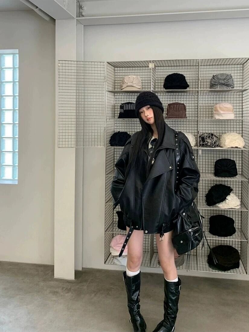 Black PU Leather Moto Jacket- Cool Streetwear Biker Coat Spring Autumn- S-L