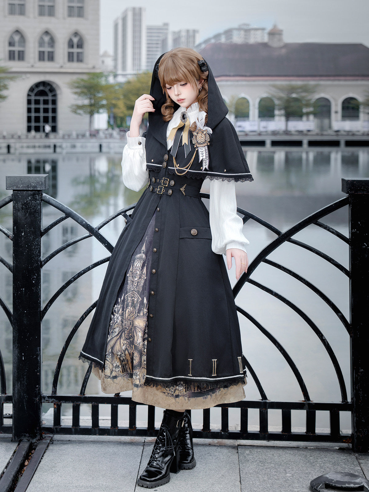 Time Dragon Lolita Set- Dark Academic Cape Coat Vintage Clock Print Dress- Black Gold S-XL