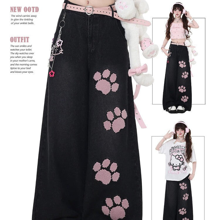 Cat Manufacturing Original Embroidery Sweet High-Waist Straight Denim Jeans – Spring Summer