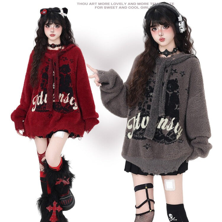 Crazy Girl Detachable Hat Faux Mink Fur Vintage Letter Oversized Casual Soft Sweater