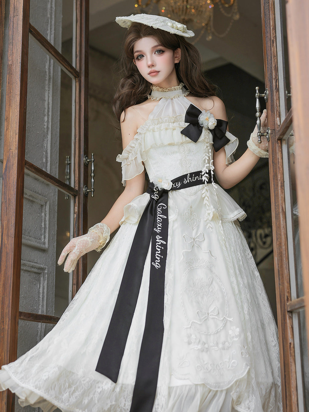 Bird Floral Classic Lolita Dress - Off Shoulder Halter - Vintage Lace Midi Dress
