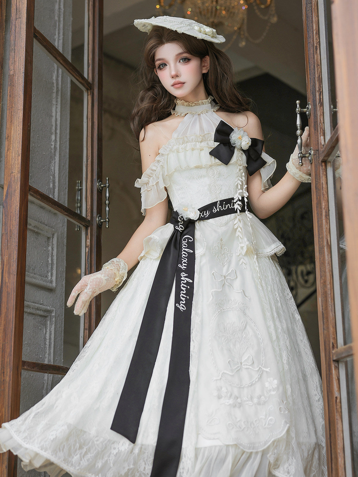 Bird Floral Classic Lolita Dress - Off Shoulder Halter - Vintage Lace Midi Dress