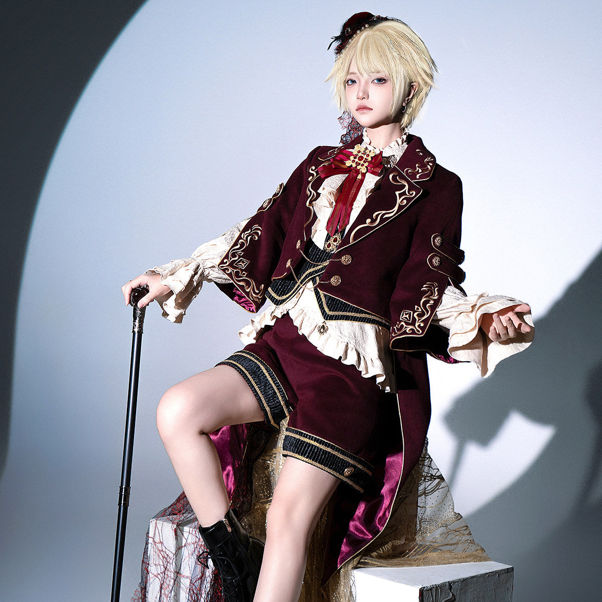 Prince Ouji Lolita Set- Embroidered Jacket Top Shorts-Burgundy Autumn Winter S-XXL