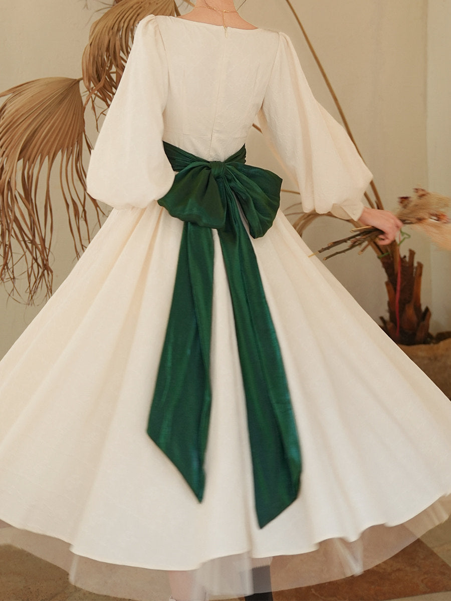 Laurel Ball French Vintage Jacquard Dress - Apricot Ivory Big Bow Belt- S-XL