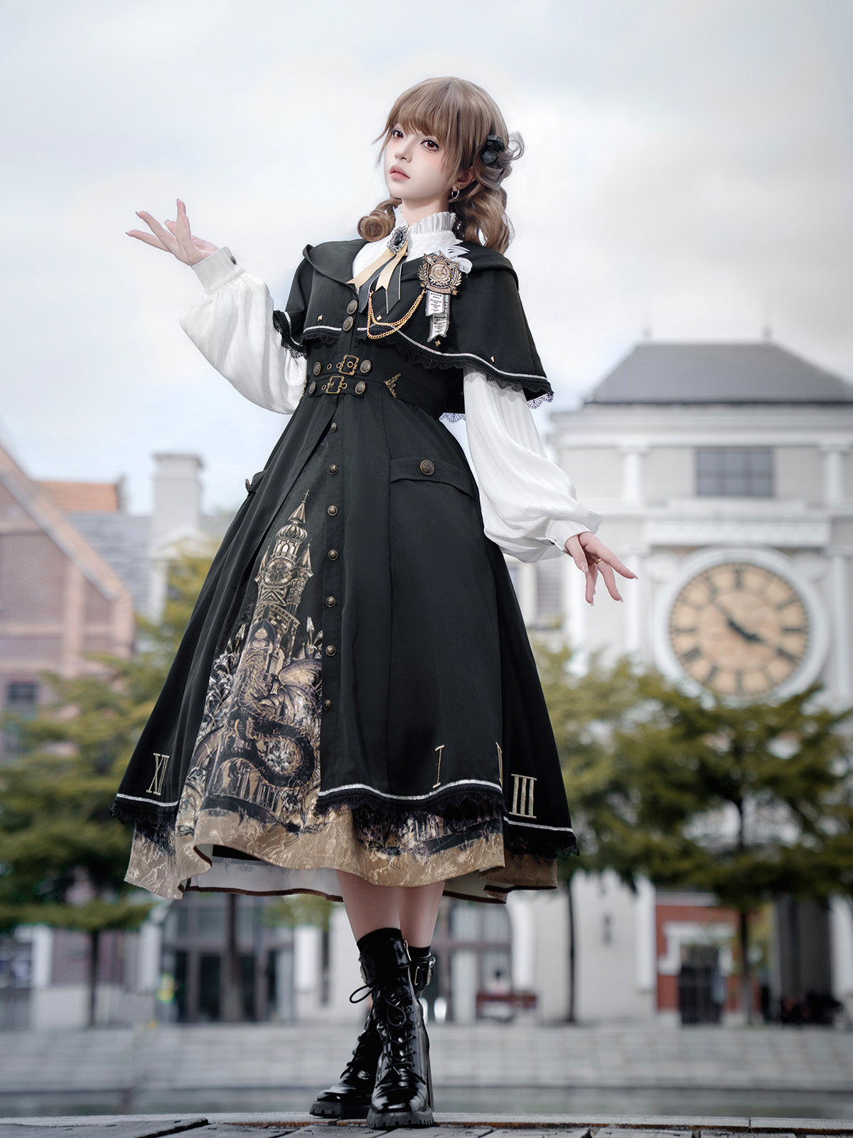Time Dragon Lolita Set- Dark Academic Cape Coat Vintage Clock Print Dress- Black Gold S-XL