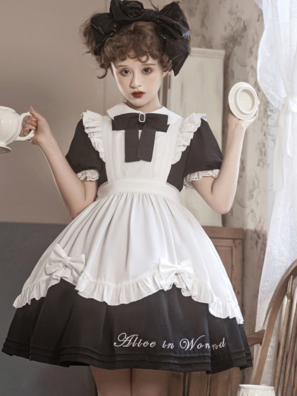 Alice in Wonderland Sweet Lolita OP Dress - Blue Short Sleeve with Apron- S-XXL