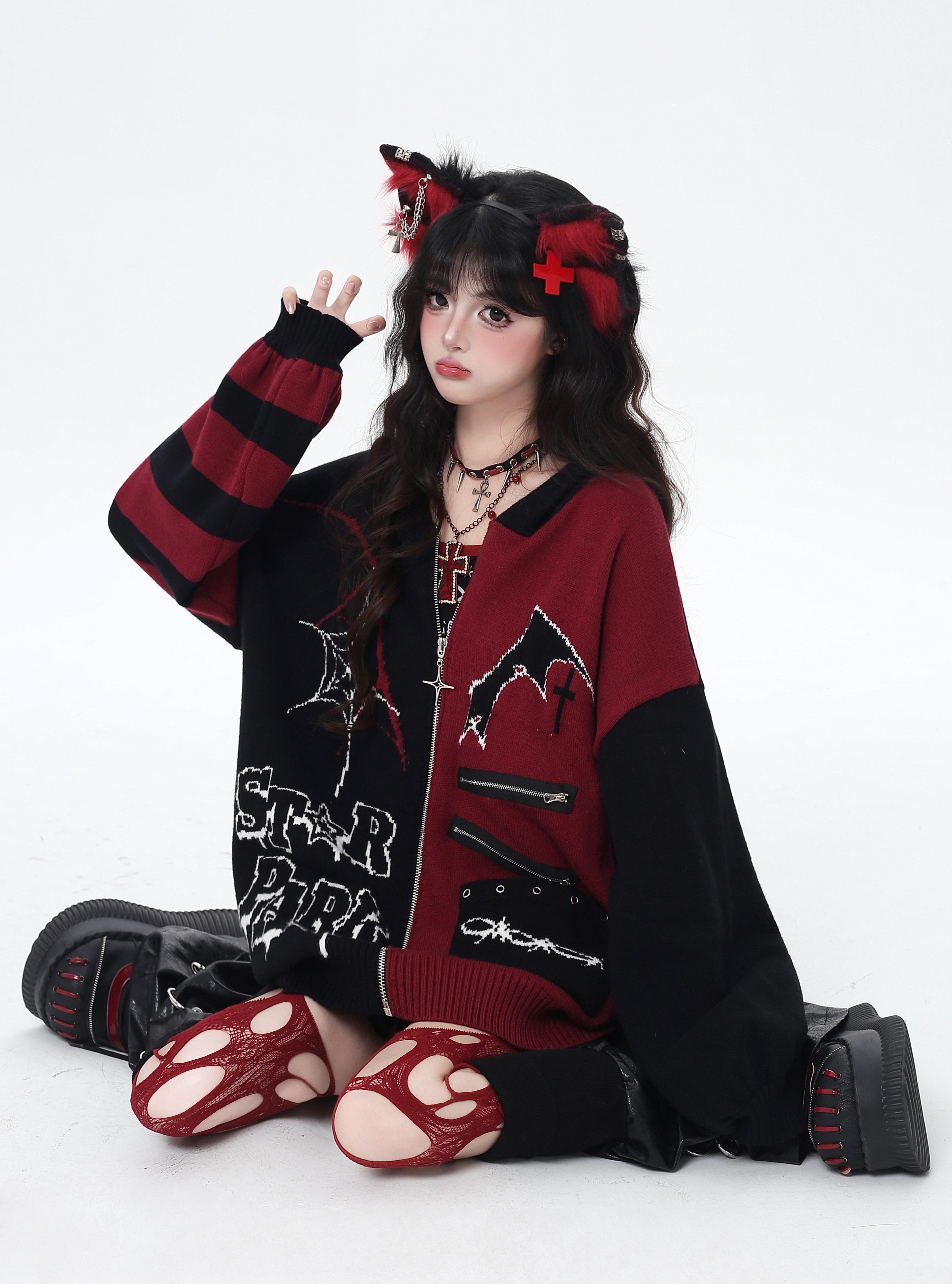 Night Worker Original Gothic Color Block Oversized Knit Cardigan Sweater