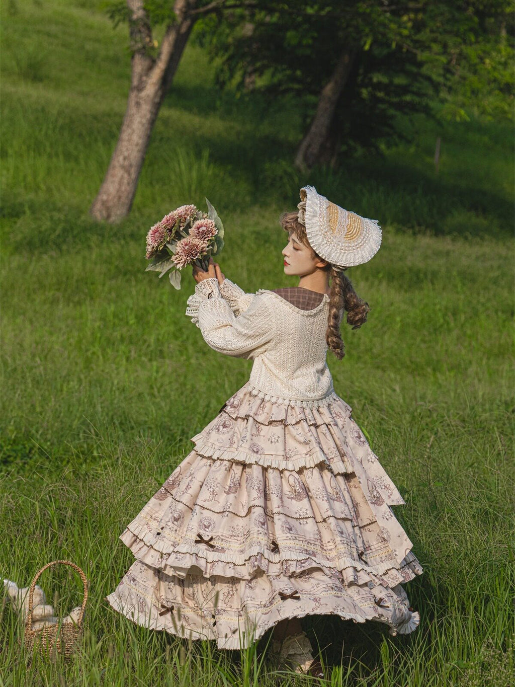 Elegant Lolita Dress Set - Floral Tiered Midi Dress & Coat - Autumn Cream