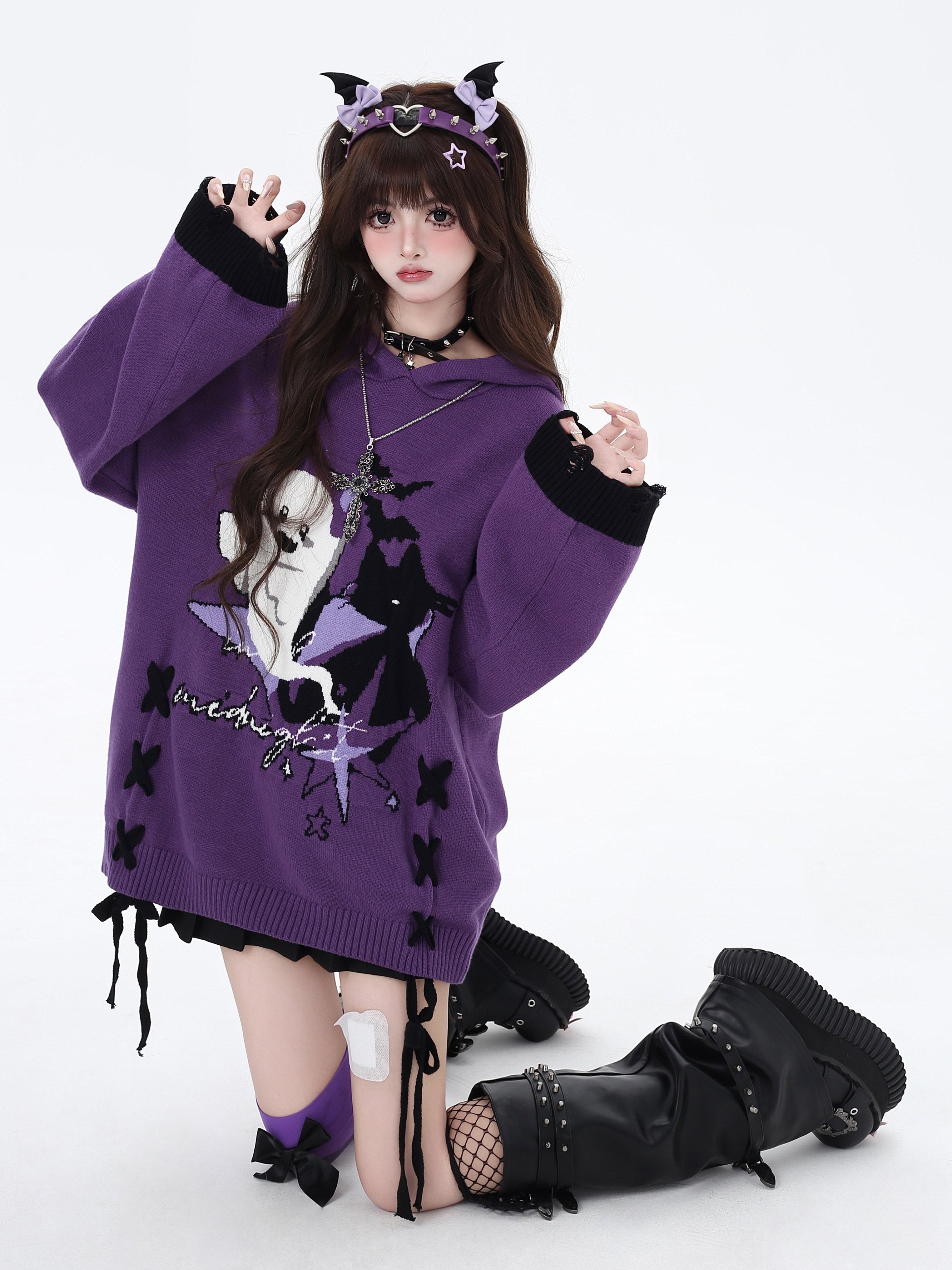 Halloween Little Ghost Original Black Purple Color Block Tie-Up Oversized Sweater Top – Winter Women