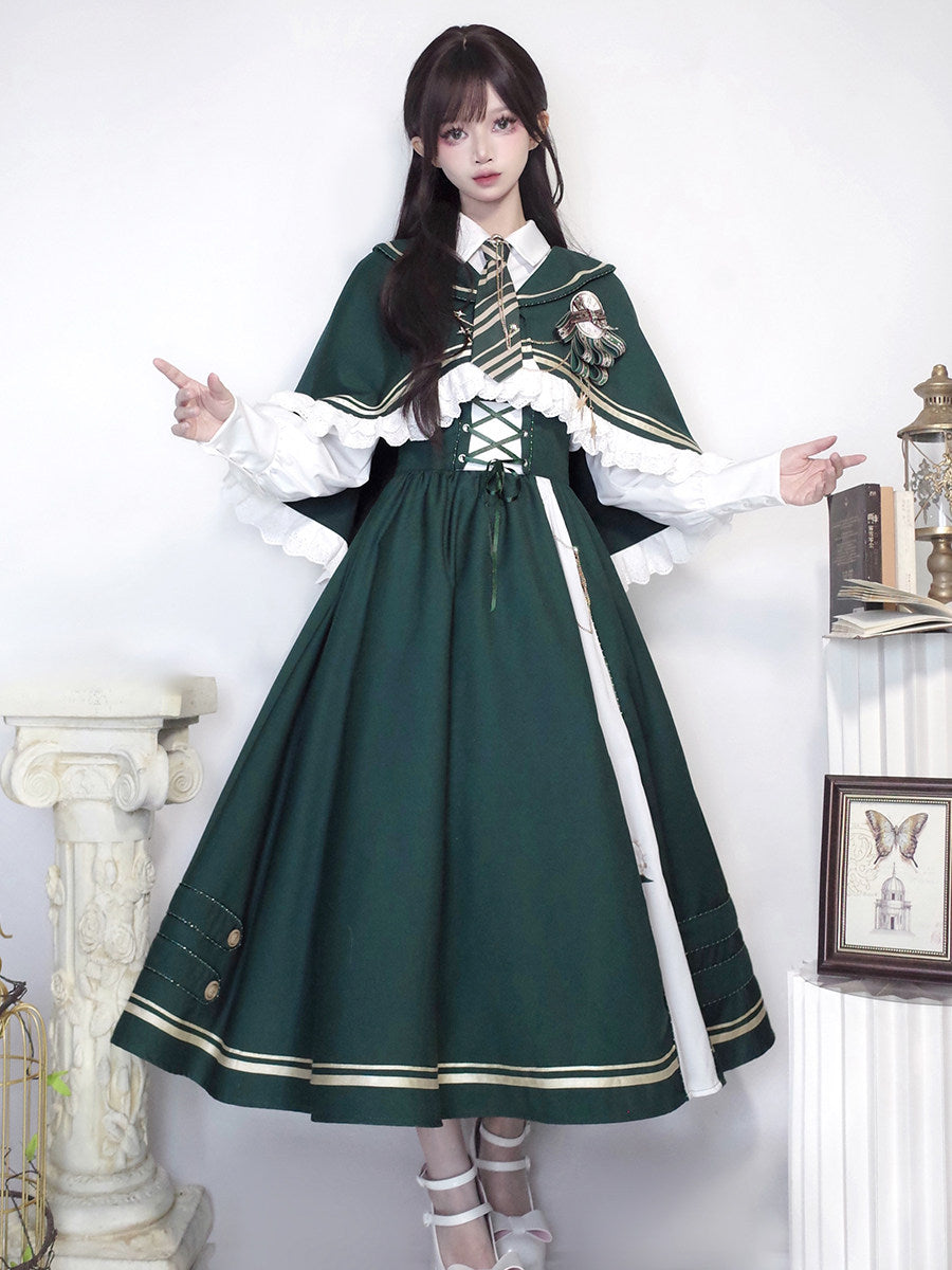 Time Traveler Lolita 4-Piece Set - Suspender Dress Shirt Cape Tie - Dark Green Autumn Winter S-XXL