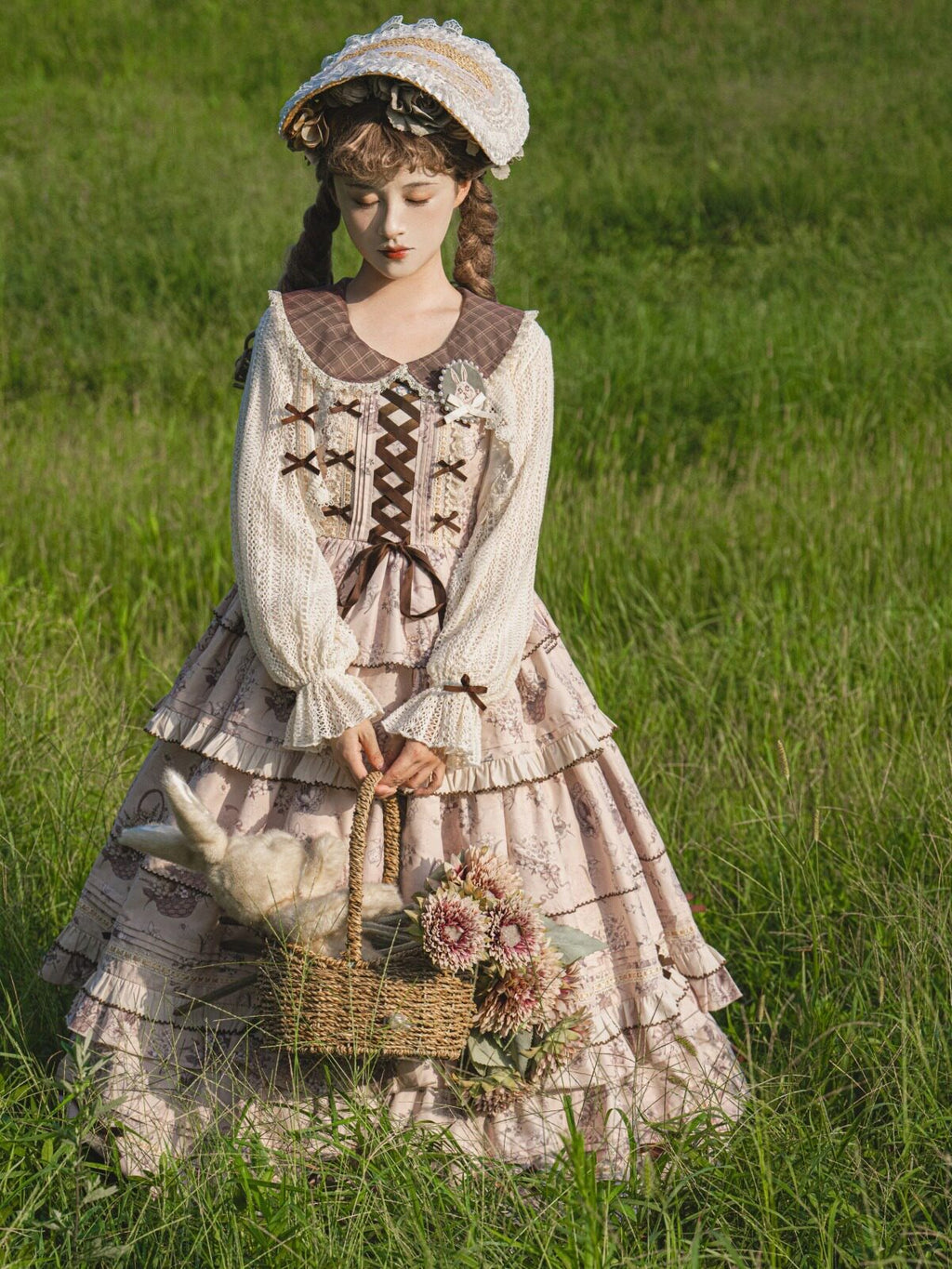 Elegant Lolita Dress Set - Floral Tiered Midi Dress & Coat - Autumn Cream