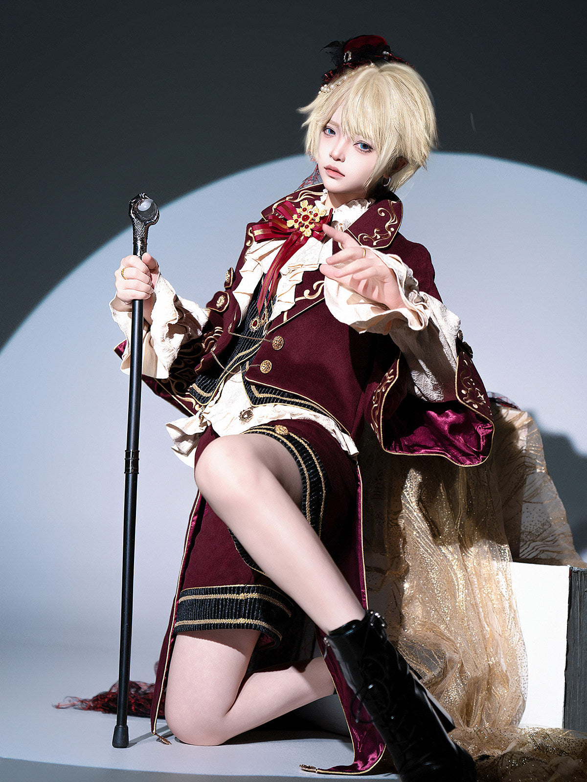 Prince Ouji Lolita Set- Embroidered Jacket Top Shorts-Burgundy Autumn Winter S-XXL