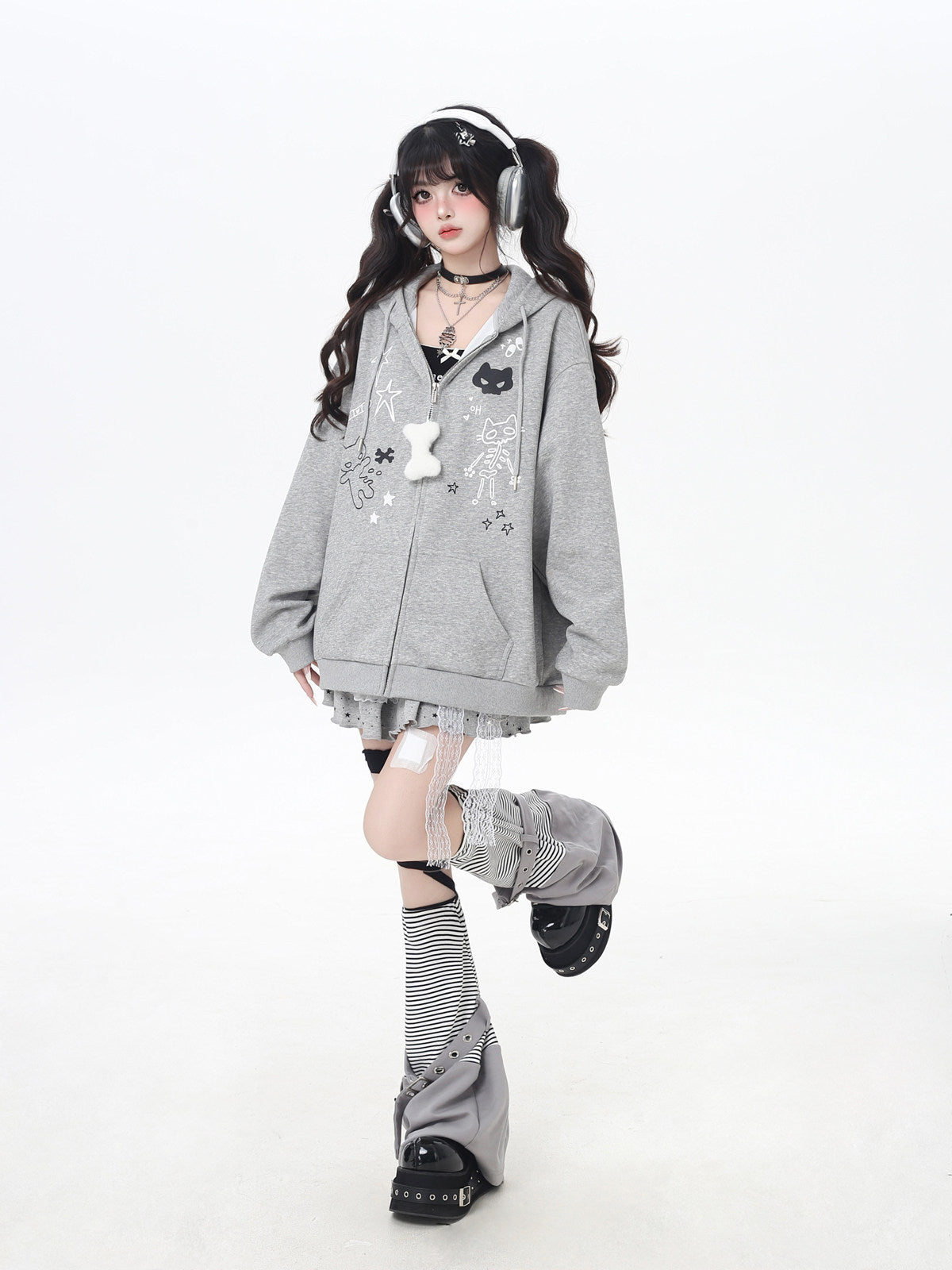 Crazy Girl Cute Cat Ear Drawstring Hoodie Zip Jacket – Oversized Fall Sweatshirt