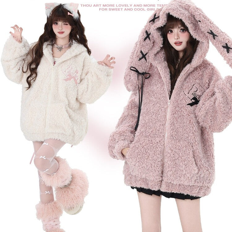 Strapped Little Rabbit Original Sweet Girl Bunny Ear Oversized Fleece Hoodie – Warm Thick Winter Coat