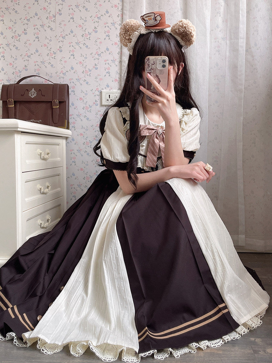 Chocolate Workshop Classic Lolita OP Dress - Black Cream Short Sleeve Daily - S-2XL